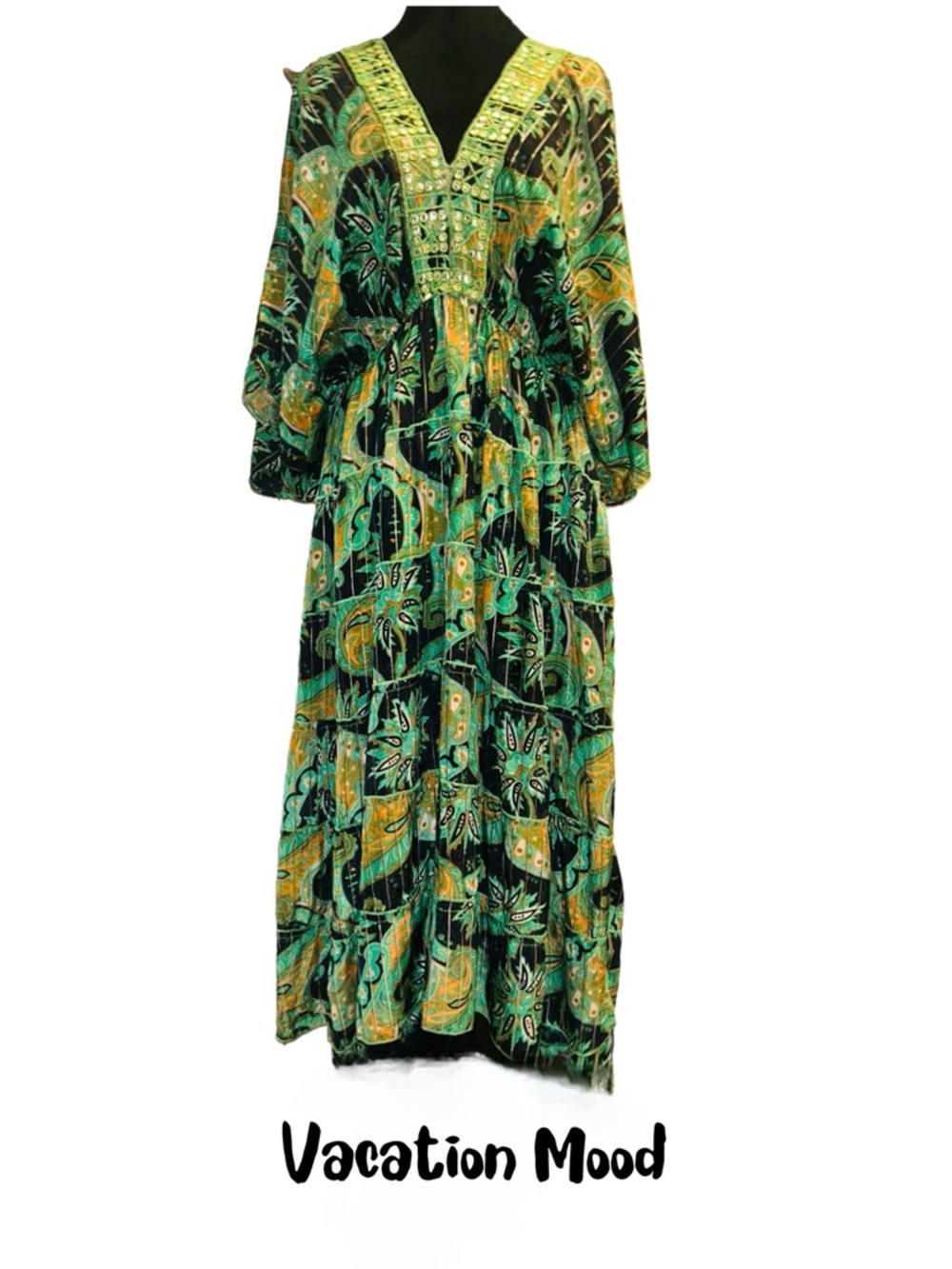 NAOO Boho Maxi Dress Green Paisley Embellished Resort Swim Cover Up